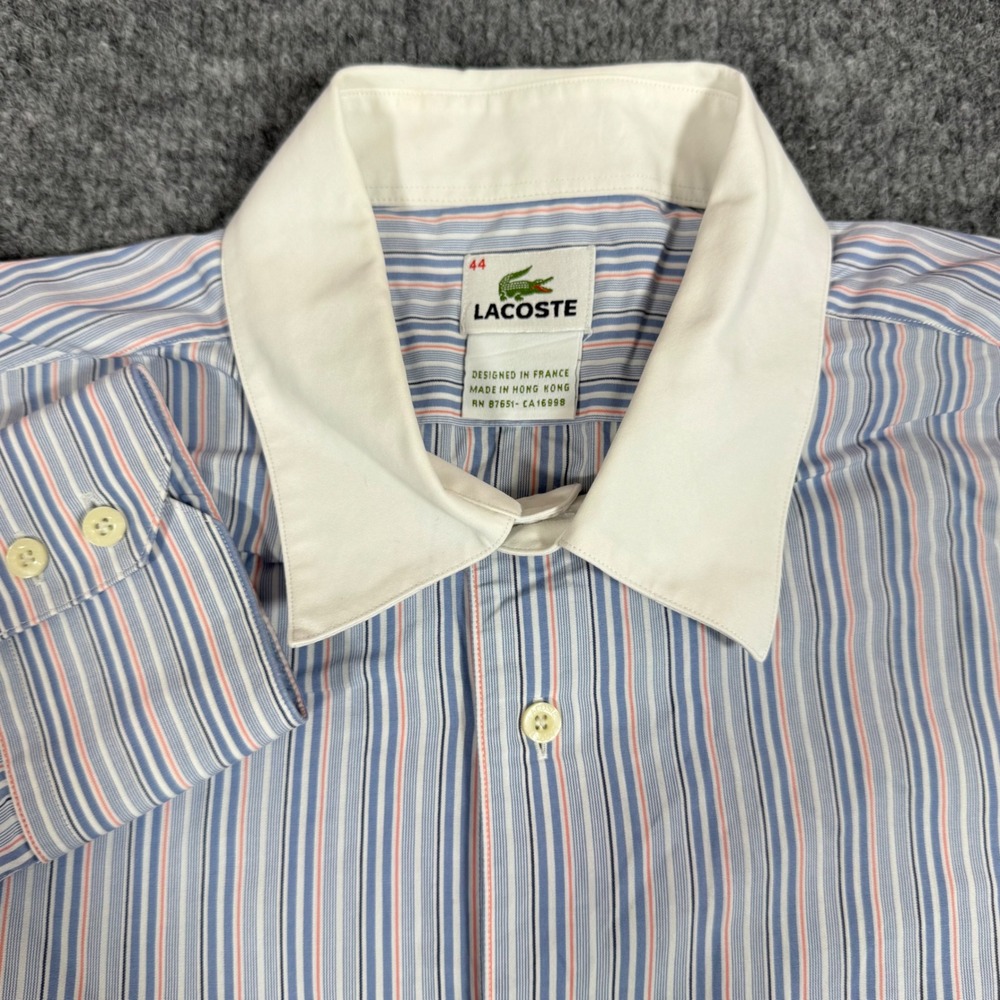 Lacoste Button Down Shirt Contrast Collar Mens 44 XL Blue Stripe Cotton EUC